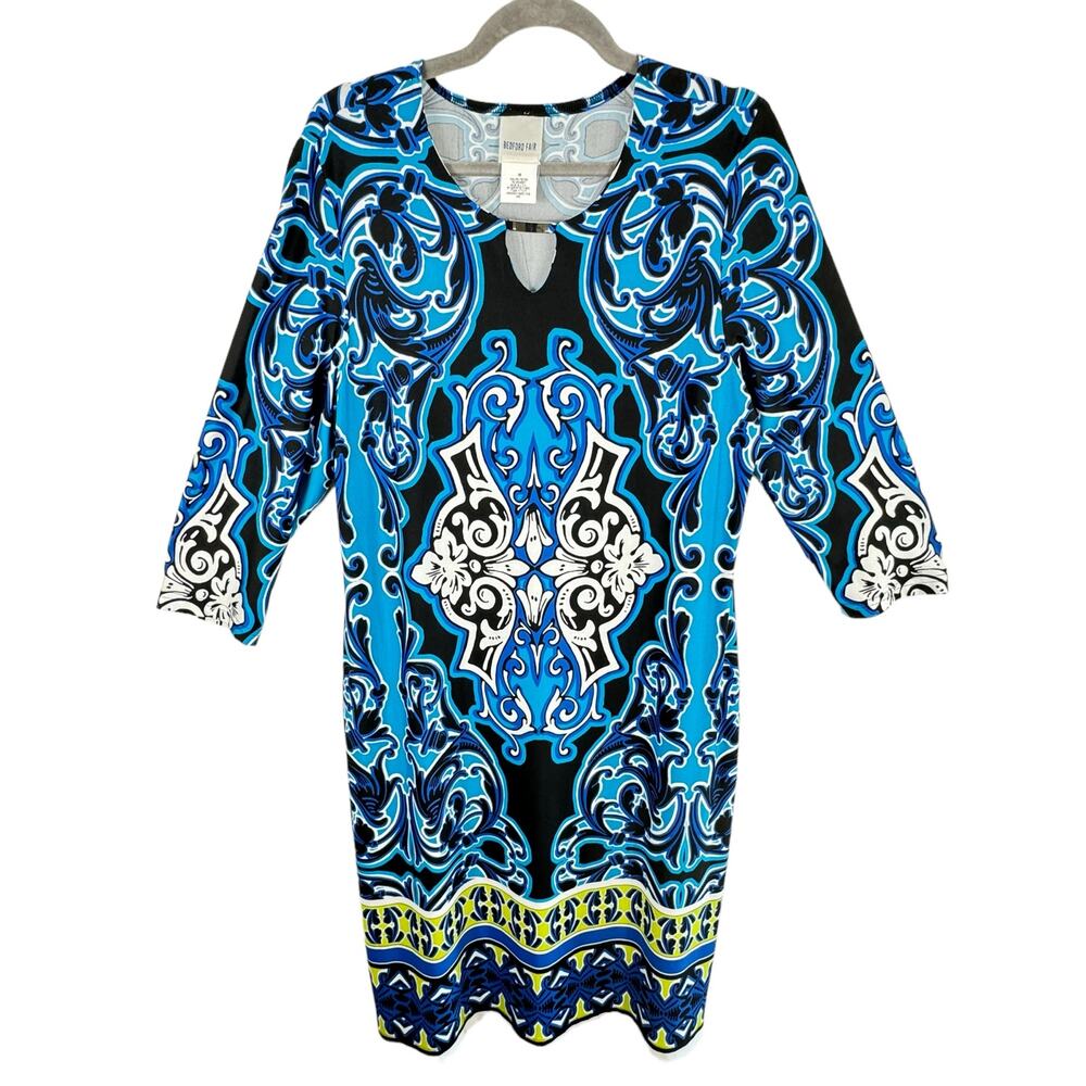 Bedford Fair Colorful 3/4 Sleeve Stretchy Mid Dress Made In‎ USA Size M